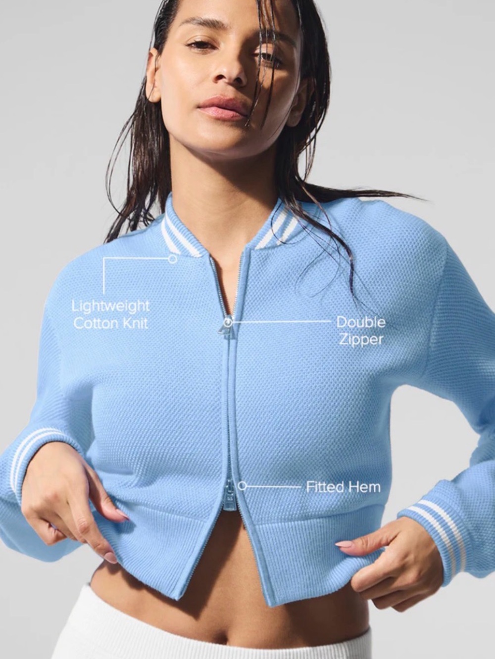 ALO Tennis Club Sweater Knit Full Zip Jacket size XS Seashell Blue